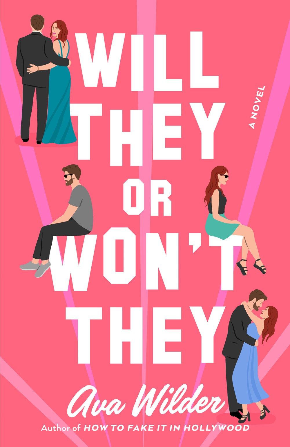 Ava Wilder's book, Will They Won't They. The same illustrated white man and woman three times. At the top, with their arms around each other and the woman looking over her shoulder. In the middle, sitting facing away from each other on opposite ends the word "won't". At the bottom, they are embracing.