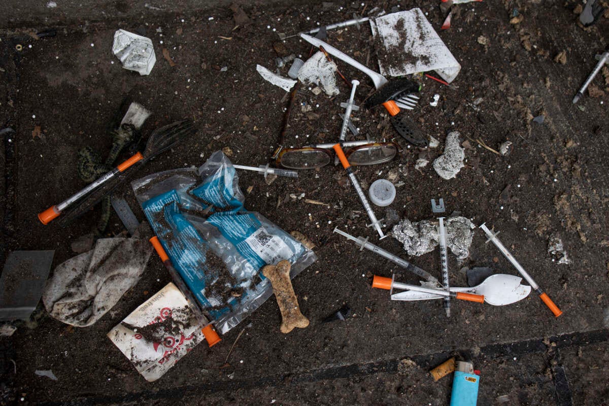 Used needles are seen on the street on September 22, 2022 in New York City.