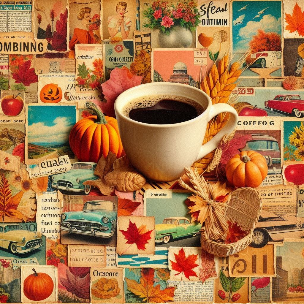 a layered scrap book style collage of 50s era images clipped from newspapers and magazines featuring fall and autumnal themes with a mug of coffee prominently featured in the middle
