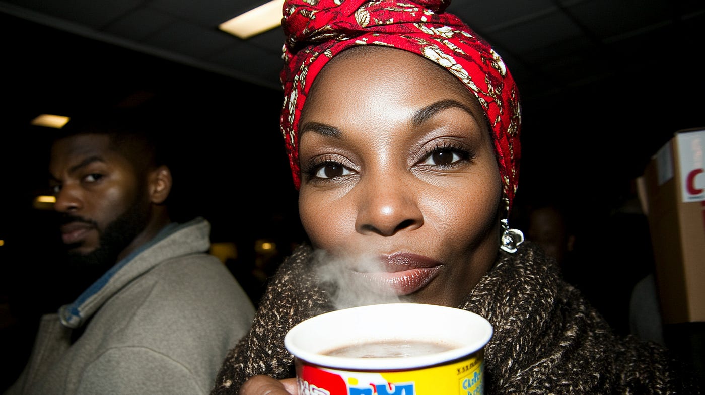 Woman sipping hot chocolate. Man photobombing.