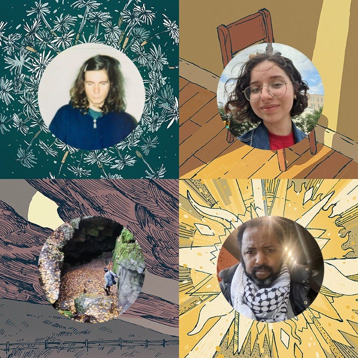 Background of image is the QTC 4-quadrant illustration by cartoonist J. Marshall Smith. Top left: photo of Eric with long wavy brown hair, swept to the left and held in place with a hair clip; superimposed over the dandelion drawing. Top right: photo of Mirna with chin-length curly brown hair, wire glasses, smiling; superimposed over the chair drawing. Bottom left: photo of Puck In gray coat and long pants descending into a cave; superimposed over the landscape drawing. Bottom right: photo of Ralowe with short kinky black hair with gray highlights and furrowed brow, wearing a keffiyeh; superimposed over the light burst drawing. 