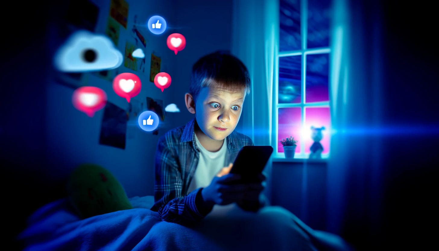 A child, around 10 years old, with a dizzy expression on their face, sitting on a bed with a smartphone in hand. The room is dimly lit with the glow from the phone screen illuminating their face. The child is scrolling through social media, with animated icons representing likes, hearts, and notifications popping out from the phone, symbolizing a dopamine push. The background shows a cozy bedroom with posters on the wall and toys scattered around. The child looks both mesmerized and overwhelmed by the interaction.
