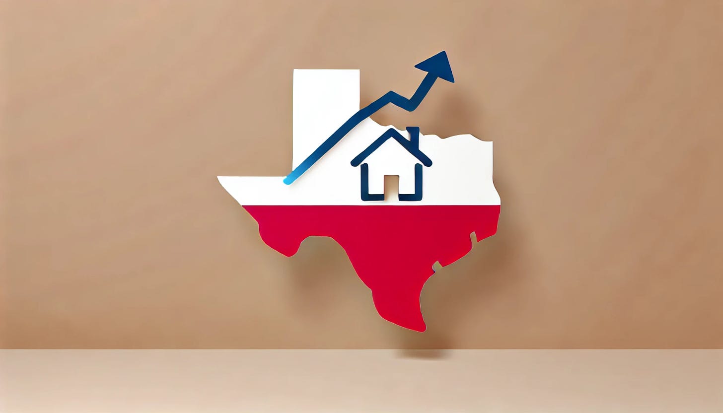 A minimalist landscape graphic using red, white, and blue with a light tan background, representing 'Soaring Texas Housing Costs.' The design features an outline of Texas with a house icon and an upward arrow symbolizing rising housing costs. There is no text in the image, and the background is light tan, keeping a clean and simple design.