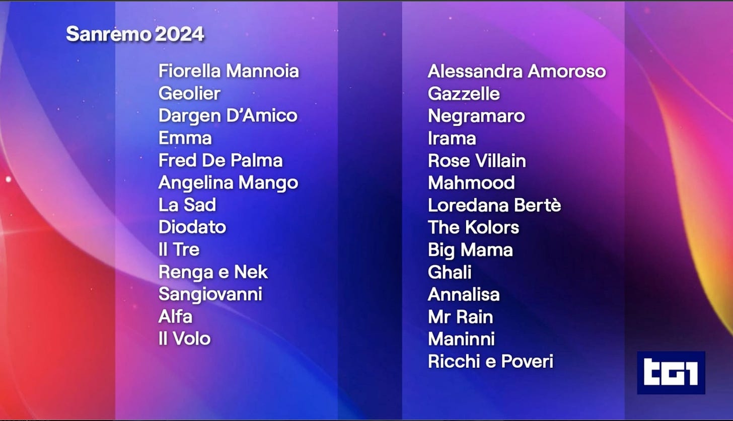 Sanremo 2024: i nomi dei 30 cantanti, le canzoni, i conduttori, gli ospiti  e le date delle serate
