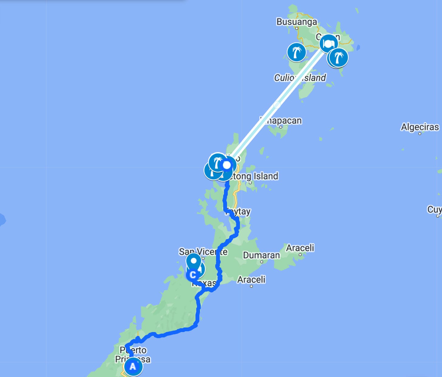 Map of 10-Days itinerary to El Nido and Coron, Palawan, Philippines