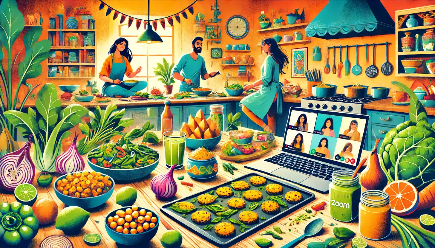 A vibrant and colorful depiction of a kitchen scene where people are cooking together. The focus is on preparing plant-based Indian snacks like baked spinach and onion pakoras, papdi chaat, and mango lime lassi. There are fresh ingredients like spinach, onions, chickpeas, mangoes, limes, and various spices visible. A laptop or tablet is set up on a kitchen counter, showing a Zoom call in progress. The atmosphere is warm, inviting, and full of energy, with people smiling and enjoying the cooking process.