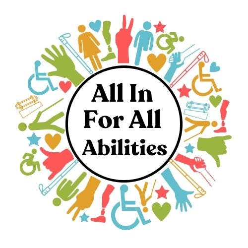 the all 4 abilities logo is a circle with symbols around it, including a person in a wheelchair, hands, stars, hearts, a peace sign and more