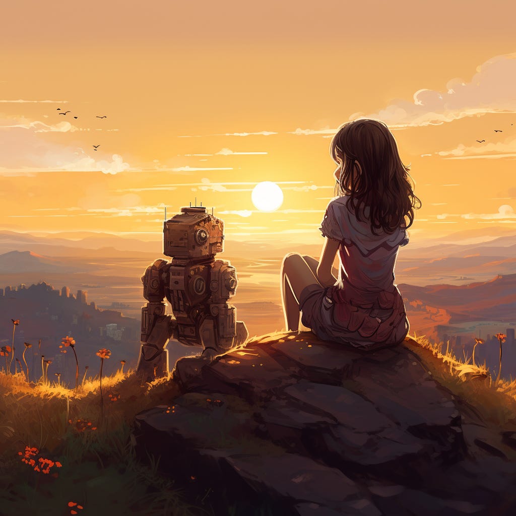 A young woman and a cute robot sitting on a hill and watching the sun rise, in the style of Aimee de Jongh