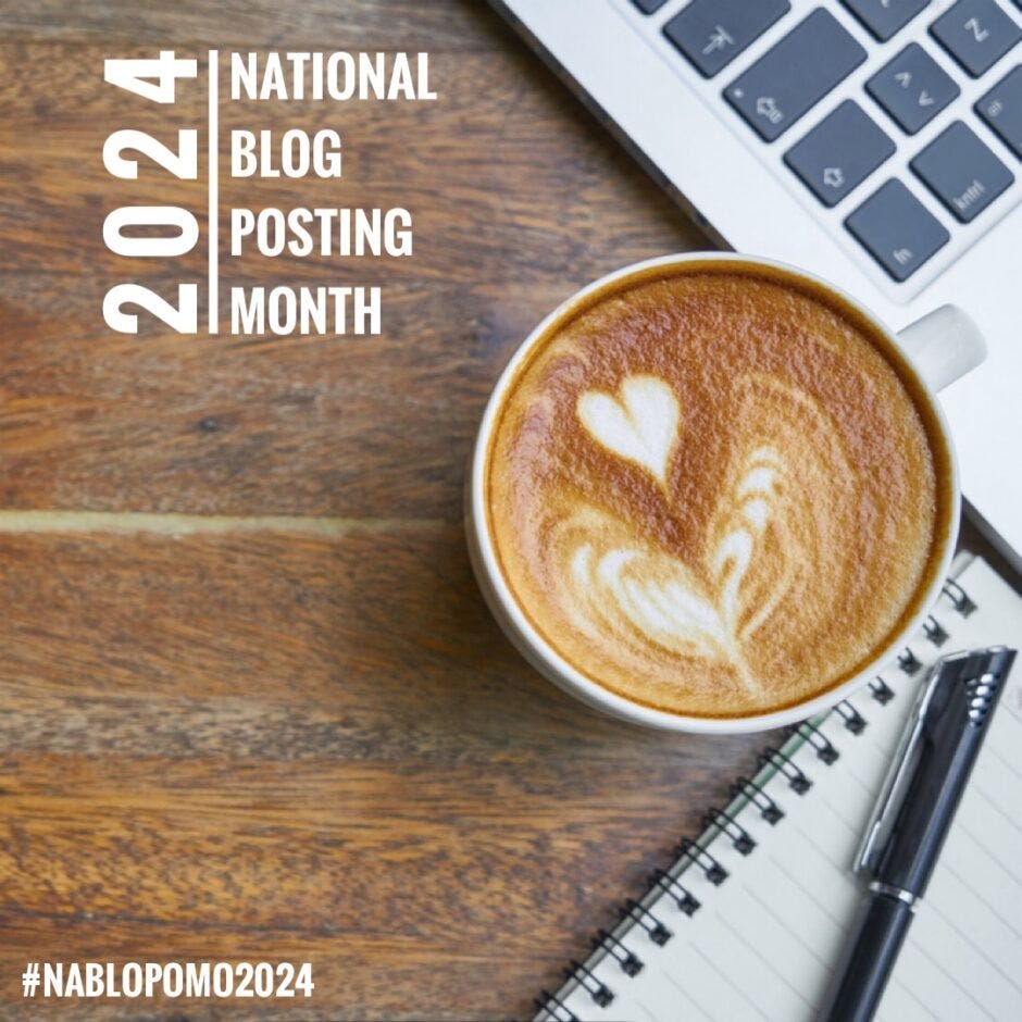 Coffee photo with the text 2024 National Blog Posting Month graphic