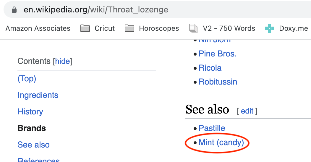 Screenshot of the Wikipedia page for Throat Lozenges with "Mint (candy)" circled in red
