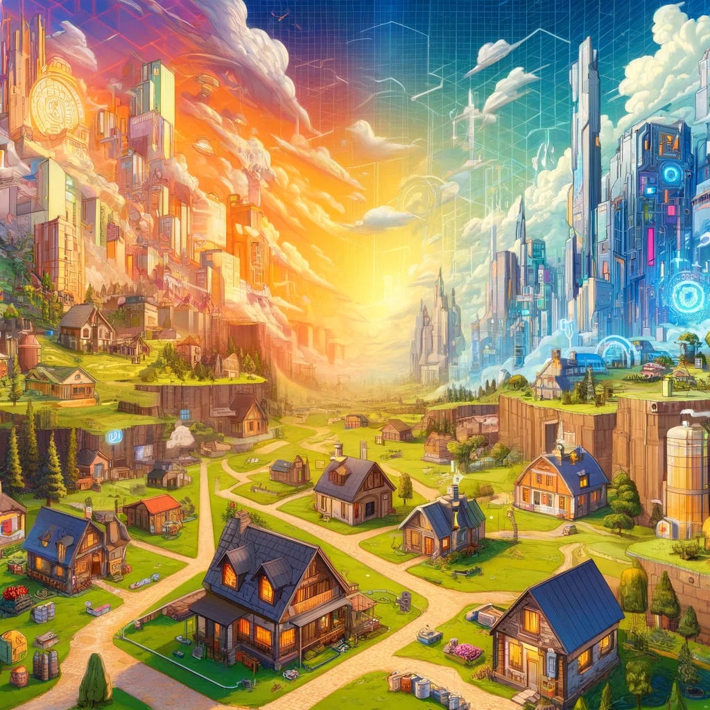 A detailed 2D metaverse artwork depicting a vibrant scene of cozy villages and futuristic citadels. The villages are warm and inviting with small houses, cobblestone paths, and lush greenery, giving a sense of community and comfort. In contrast, the citadels are advanced and high-tech, with sleek designs, towering walls, and digital elements. The scene should clearly differentiate the cozy, warm-crypto community feel of the villages from the venture-scale, efficient, and futuristic nature of the citadels. The sky is a mix of digital and fantastical elements, with colorful clouds and virtual reality accents. The overall art style is bright, colorful, and immersive, capturing the essence of a lively metaverse world.