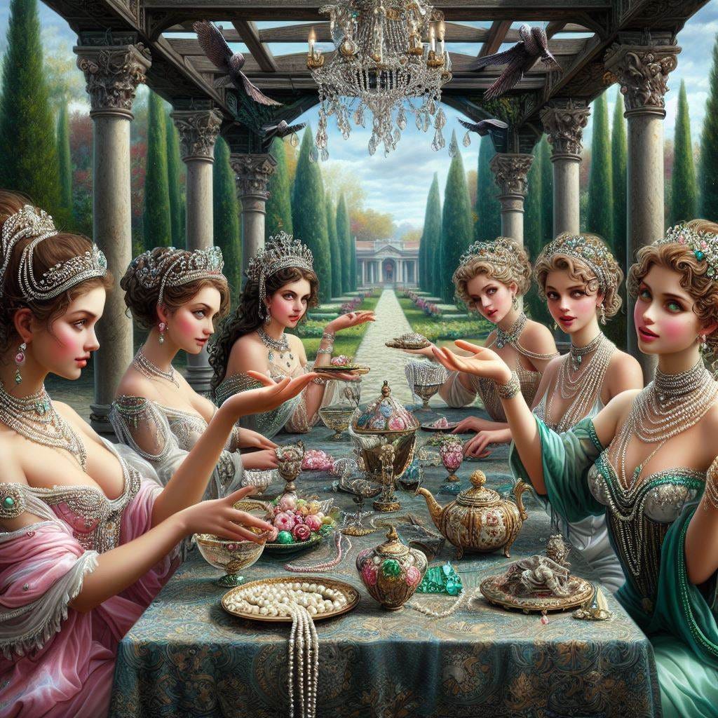 show me an outdoor Renaissance loggia in a garden with angelic girls dressed in pearls, emeralds, diamonds and rubies