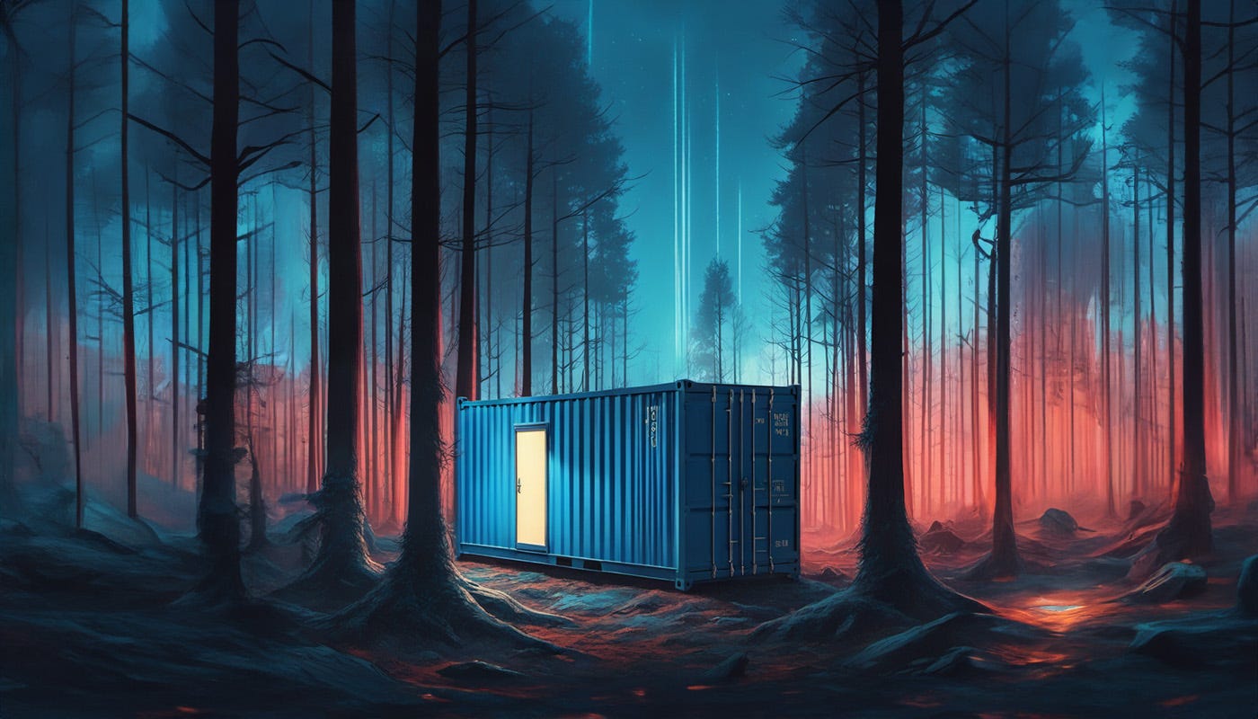 Blue shipping container in the woods with a door on the side showing a light inside. The sky has an eerie blue and red glow.