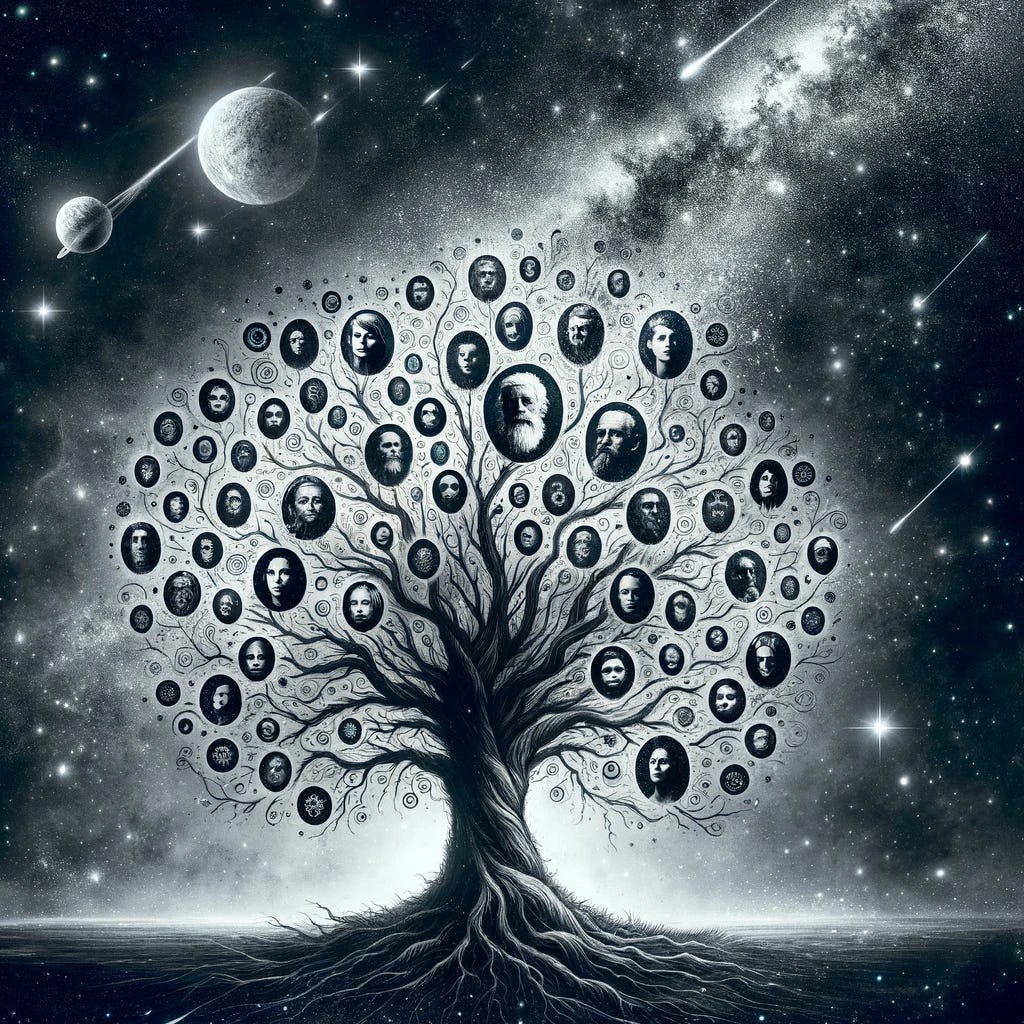 Create an image depicting the unique family tree, previously styled like a genealogical family tree with faces on its branches, now placed in the vastness of space. The tree is floating in a void, surrounded by the deep darkness of space. There are no planets, moons, or other celestial bodies nearby, only a backdrop of distant twinkling stars scattered across the cosmic void. The tree itself, now in this surreal setting, remains detailed and expressive, contrasting starkly against the emptiness and the subtle glow of distant stars.