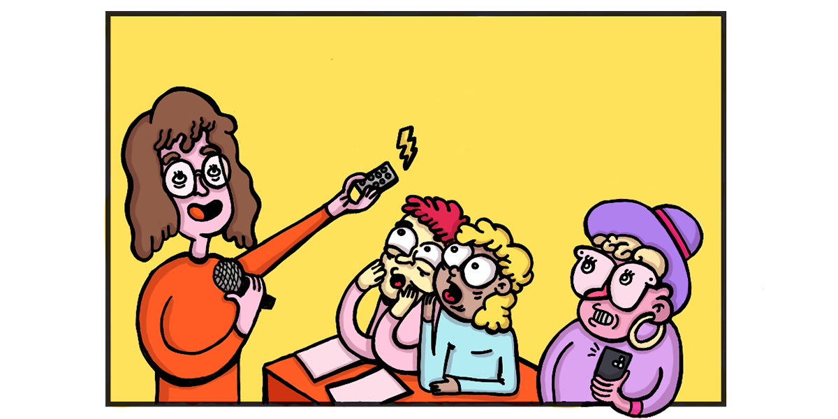 A girl holding a remote controller and a microphone, giving a talk at a small group of astonished people