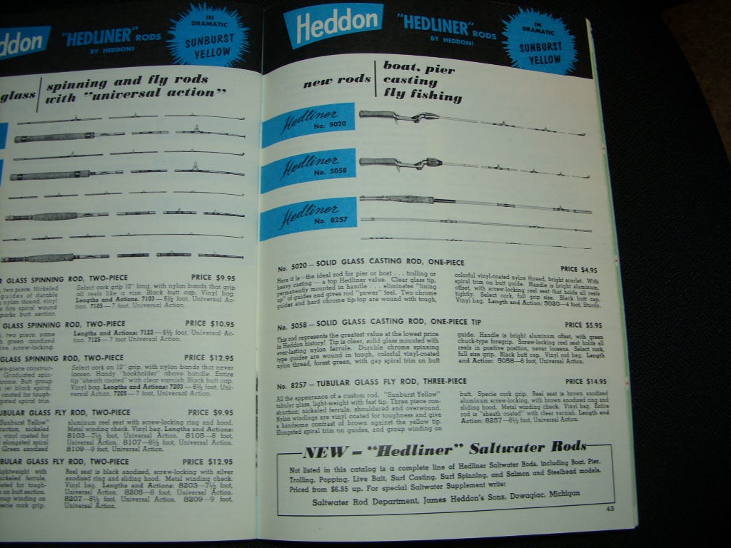 Photographs from a 1972 fishing rod catalog showing prices between $5 and $13 for casting or spinning rods. There is also a fly rod for $15, but the Pocket Fisherman is not a replacement for a fly rod, which is very different. A callout at the top of the page announces that the rods are available "in dramatic sunburst yellow"