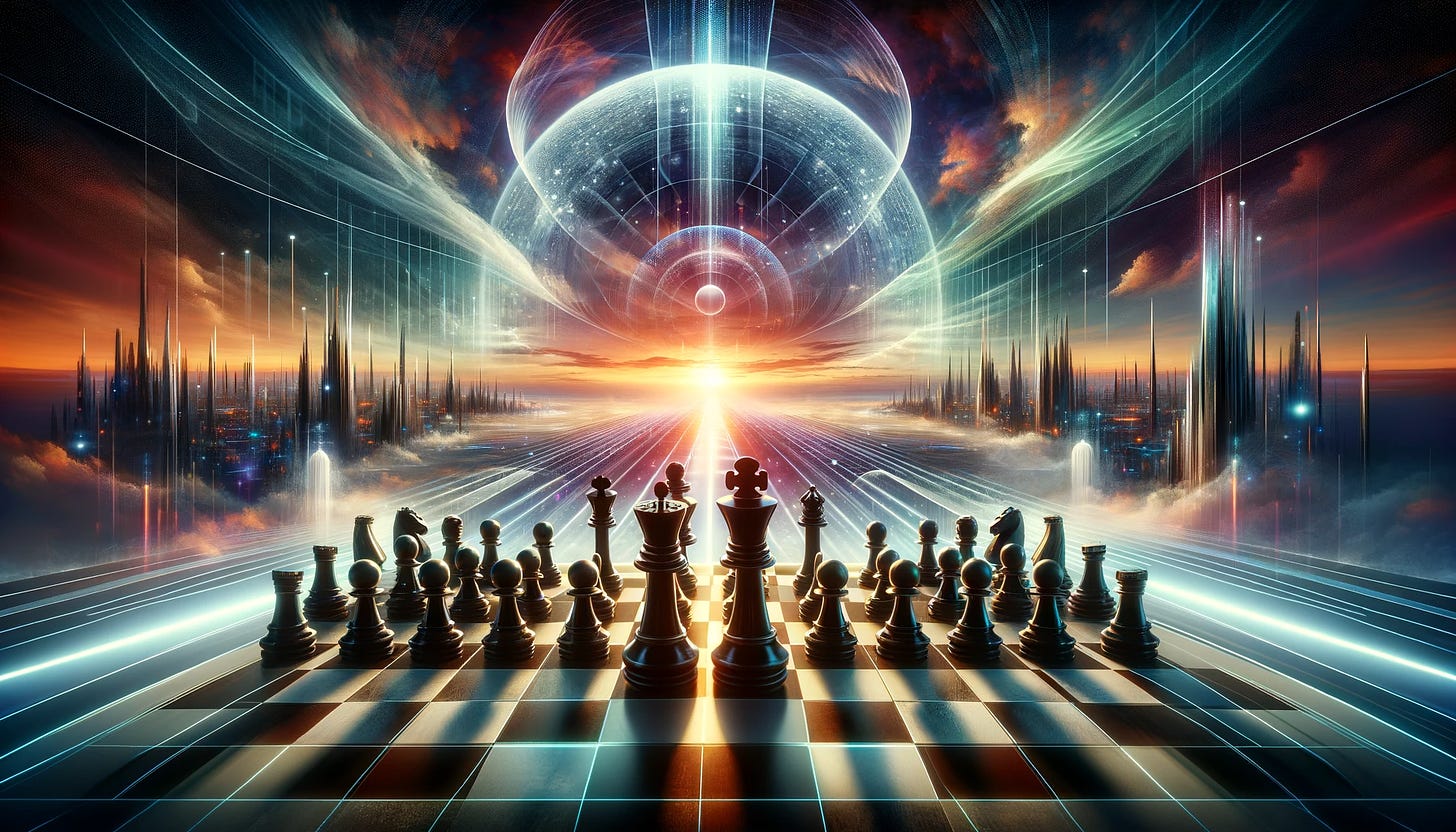 An abstract image showing a chessboard that extends towards a horizon illuminated by a bright light, with futuristic cityscapes and celestial bodies in the background, symbolizing strategic thinking and future vision.