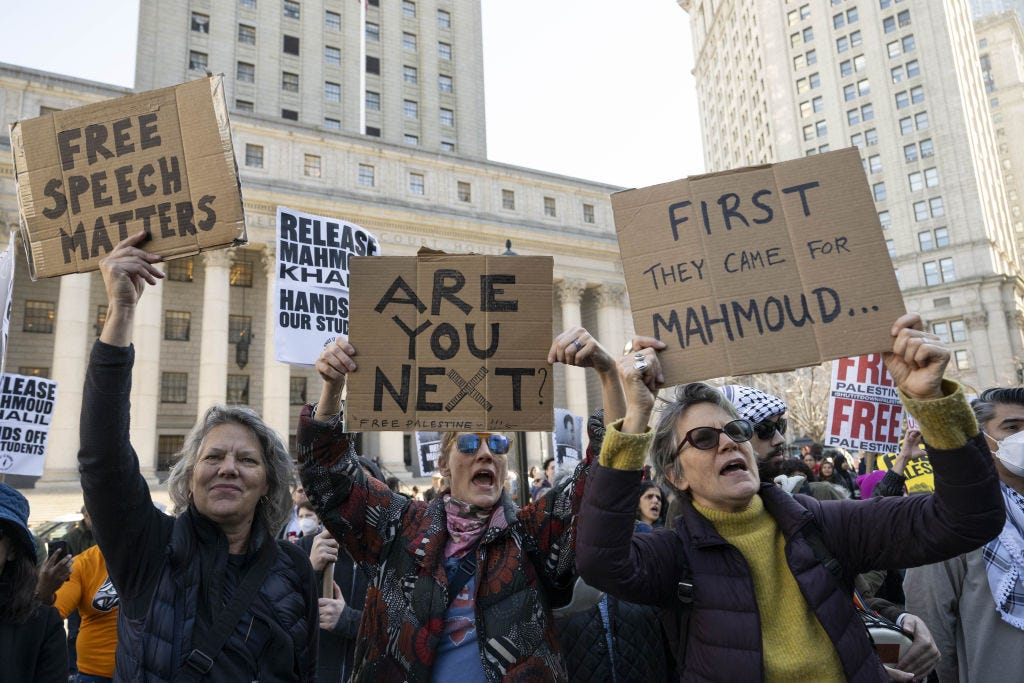 Protesters in New York City on March 10, 2025, asking for the release of detained Columbia student Mahmoud Kahlil. Their signs read: "Free Speech Matters", "Are You Next," and "First they came for Mahmoud," echoing Martin Niemoller.