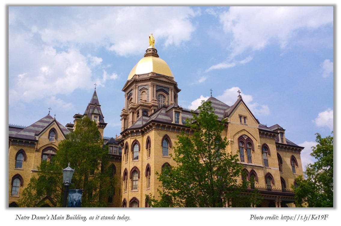 Notre Dame's Main Building with its gold dome, as it appears today.  A statue of the Virgin Mary sits at the top of the dome.