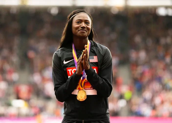 FILE - United States' Tori Bowie gestures after receiving the gold medal she won in the women's 100m final during the World Athletics Championships in London, Monday, Aug. 7, 2017. Tori Bowie, the sprinter who won three Olympic medals at the 2016 Rio de Janeiro Games, has died, her management company and USA Track and Field said Wednesday, May 3, 2023. Bowie was 32. She was found Tuesday in her Florida home. No cause of death was given. (AP Photo/Alastair Grant, File)