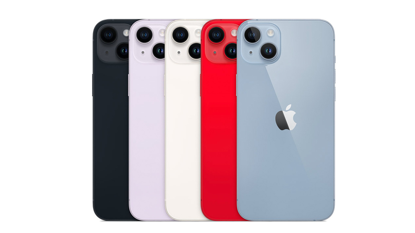 iPhone 15 Plus lineup product photo from Apple's website, showing the phone in all colors