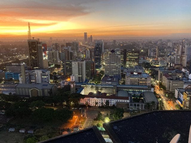 A photo of downtown Nairobi at sunset, taken from a high vantage point