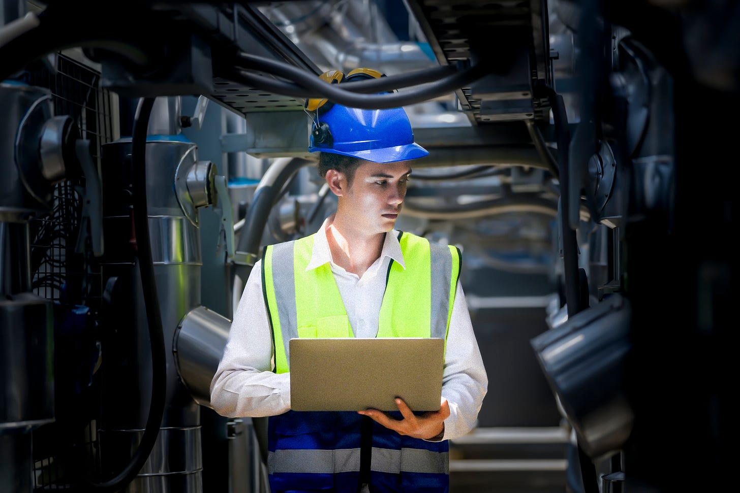 Um trabalhador industrial com equipamento de alta visibilidade e capacete azul examina meticulosamente a intrincada rede de maquinário. O engenheiro se dedica a manter a eficiência operacional e a segurança.