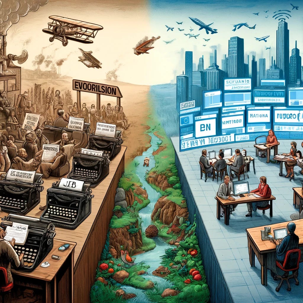 A conceptual illustration depicting the evolution of journalism as described in the article. The image shows a metaphorical landscape of journalism transitioning from traditional methods to 'Scenario Journalism'. On the left, an old-fashioned newsroom with journalists focused on typewriters, symbolizing the fixation on the 'new', and limited national perspective. On the right, a modern, open newsroom filled with diverse journalists discussing and analyzing future scenarios on digital screens, representing the shift towards a broader, long-term perspective. This contrast highlights the shift from a confrontational to a deliberative approach in journalism.