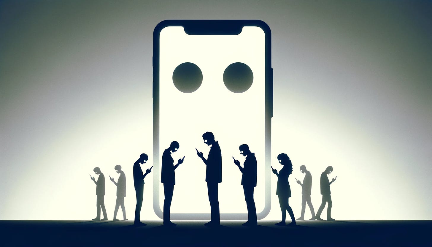 A minimalistic, landscape-sized image representing the concept of people as zombies addicted to screens. The style is simplistic and abstract. The figures are reduced to basic shapes: silhouettes of people with oversized, glowing rectangles for smartphones. Their eyes are small, glowing dots, symbolizing their fixation on the screens. The background is plain, perhaps just a gradient from dark to light, focusing all attention on the silhouetted figures. This image uses minimal detail to convey the idea of technology addiction in a stark, impactful way.