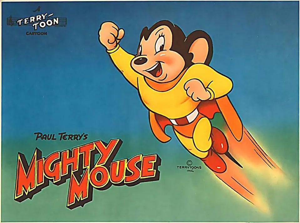 Technicolor frame from Paul Terry’s Mighty Mouse, showing a mouse in a yellow leotard with a red cape and red shoes flying through the air.