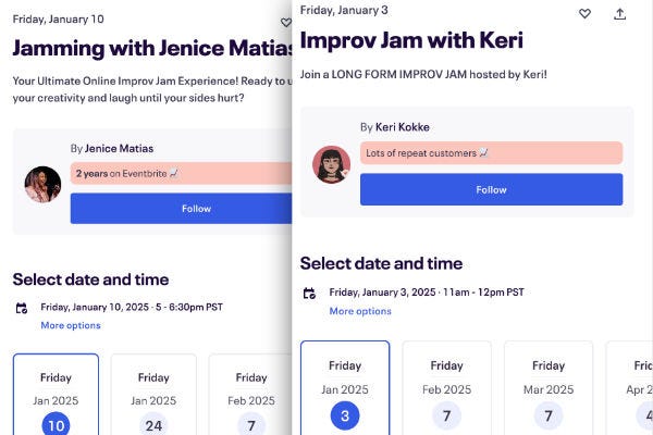 Eventbrite image captures of the three jams mentioned in the bullet points above