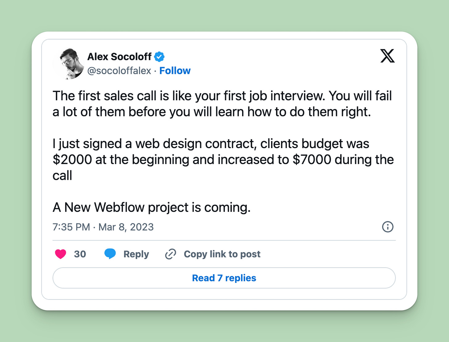Tweet by Alex Socoloff on upselling his Webflow projects