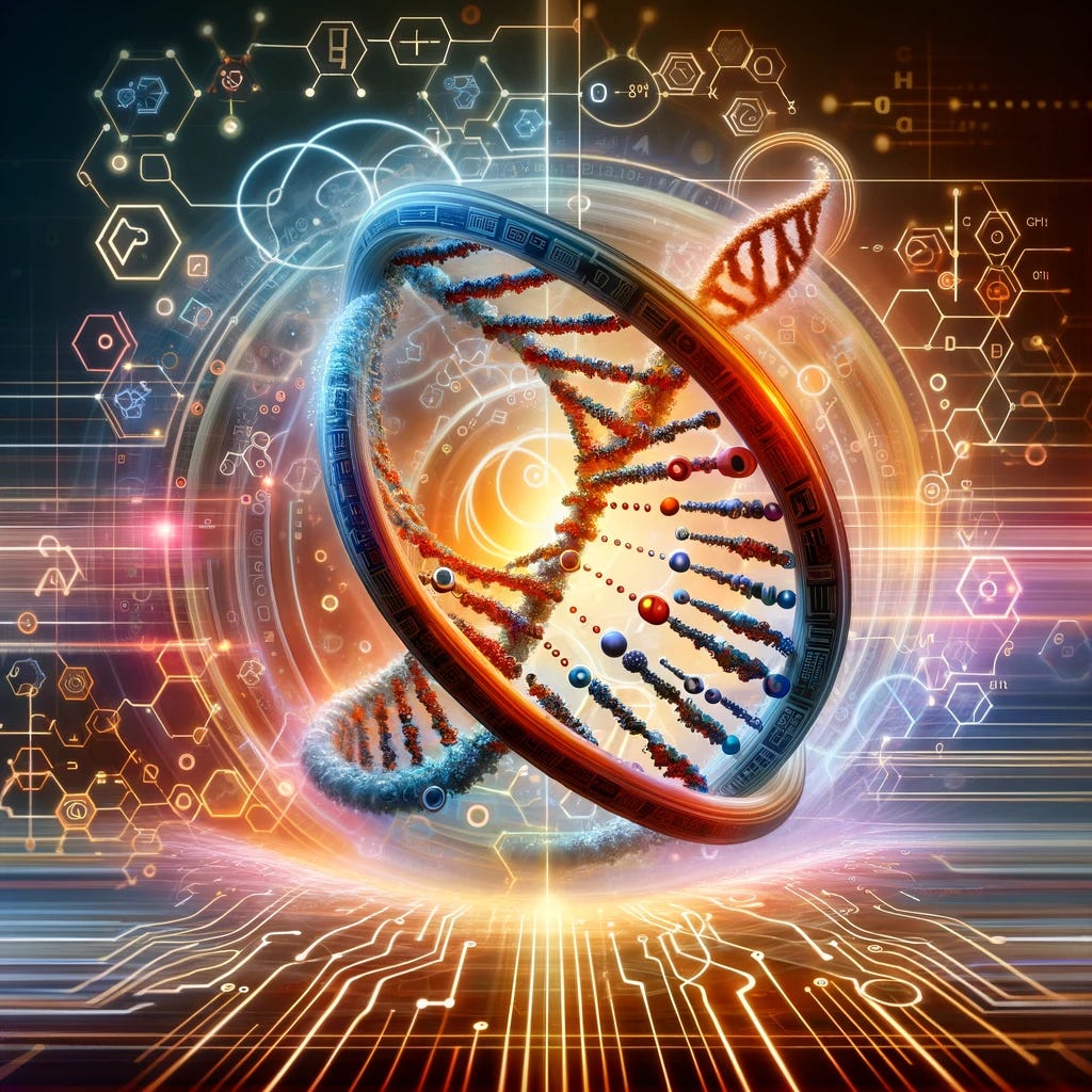 A cover image representing the intersection of biology and technology, featuring symbolic elements like a DNA double helix intertwined with digital code or circuit patterns. The image should capture the essence of innovation and discovery in bioinformatics, showing how technology and biology work together. The background should be abstract, reflecting the complexity and vastness of genomic data, with visual cues that suggest the acceleration of discovery and the collaborative nature of the bioinformatics community. Include motifs that represent both science and technology in a harmonious blend.