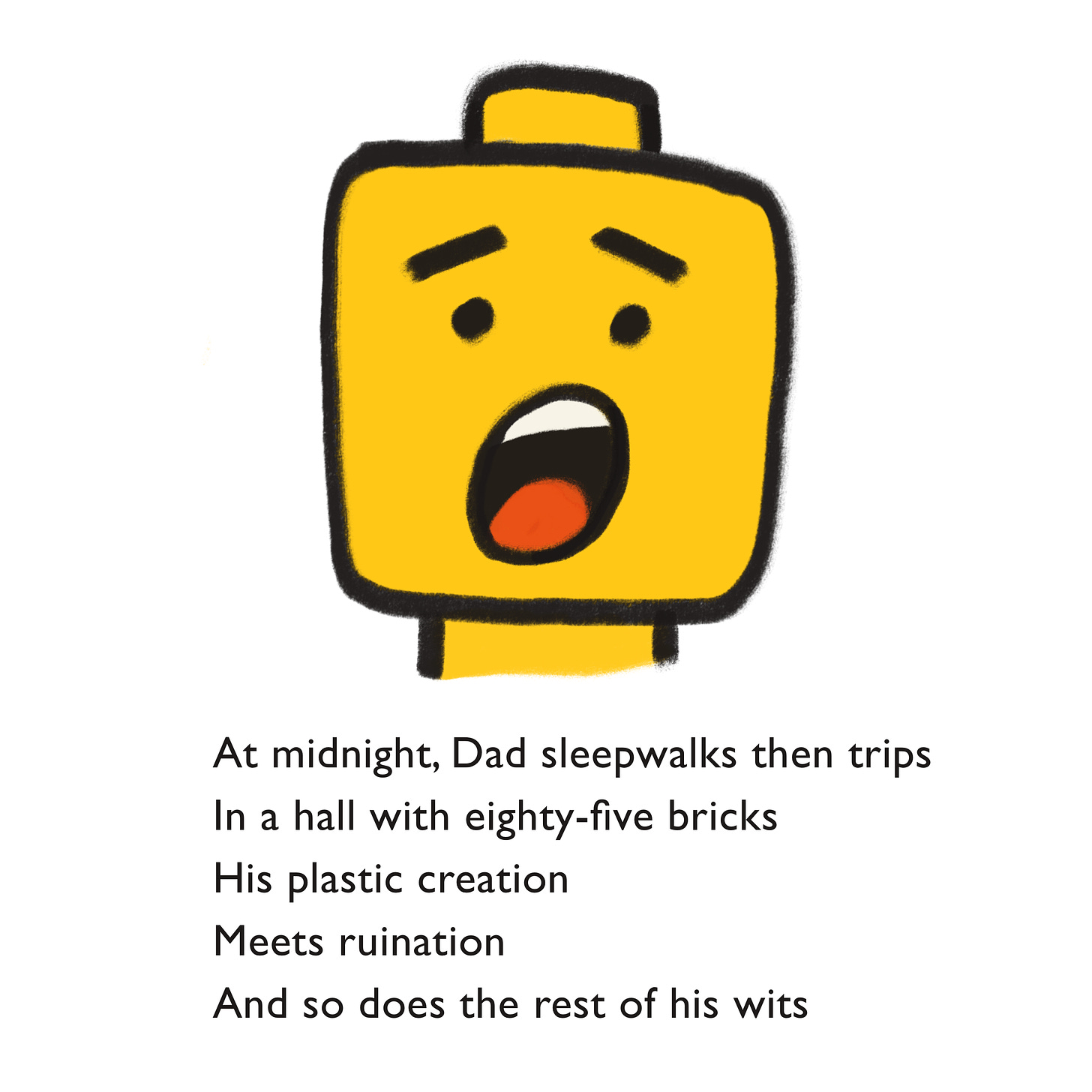 A hand-drawn illustration of a yellow LEGO head figure with a surprised face.