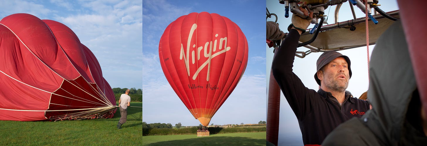 A tryptic of three photographs. Two of a Virgin hot air balloon and one of the pilot who flew it.