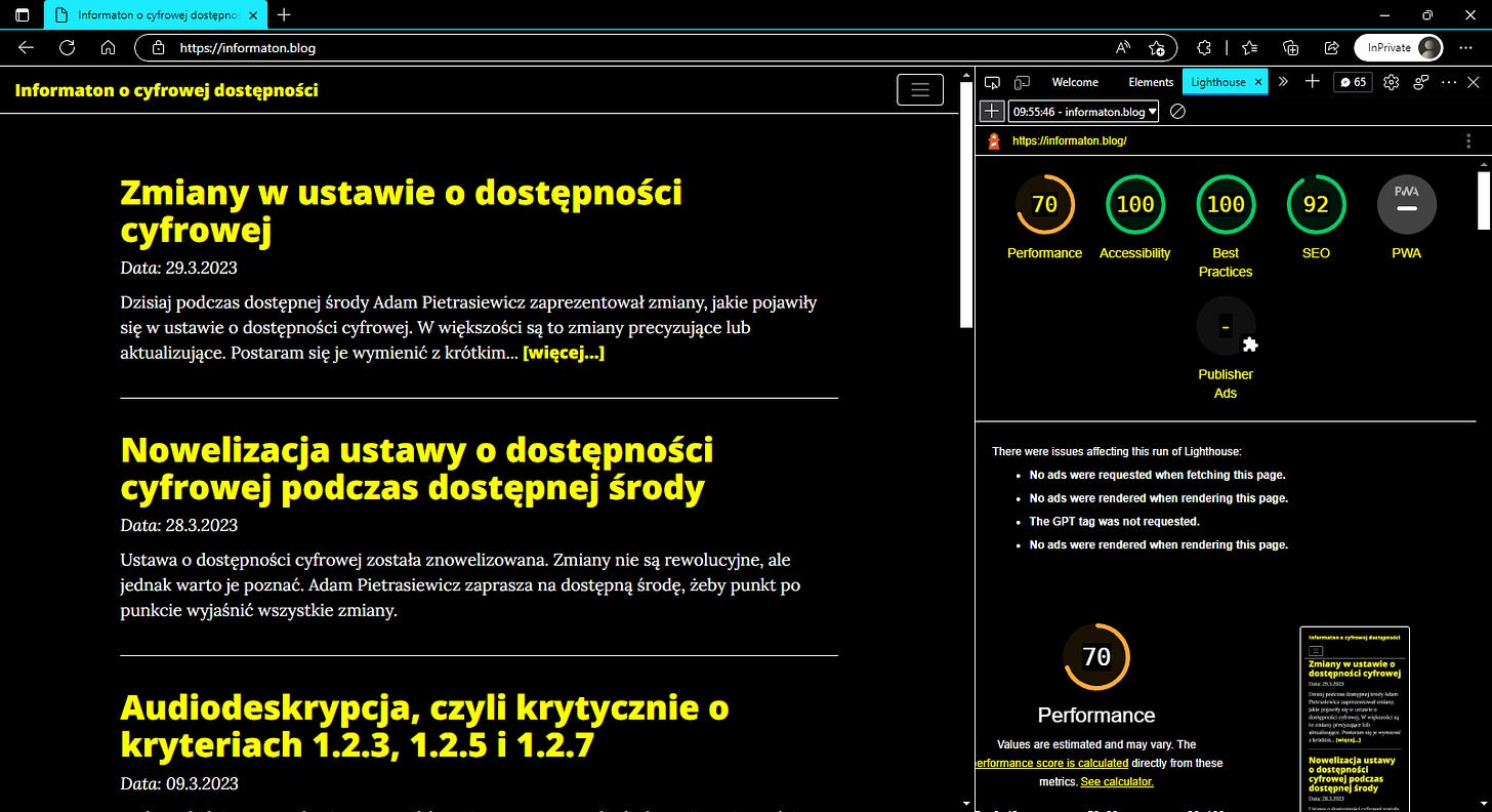 Zrzut ekranu z otwartym raportem Lighthouse dotyczącym strony informaton.blog