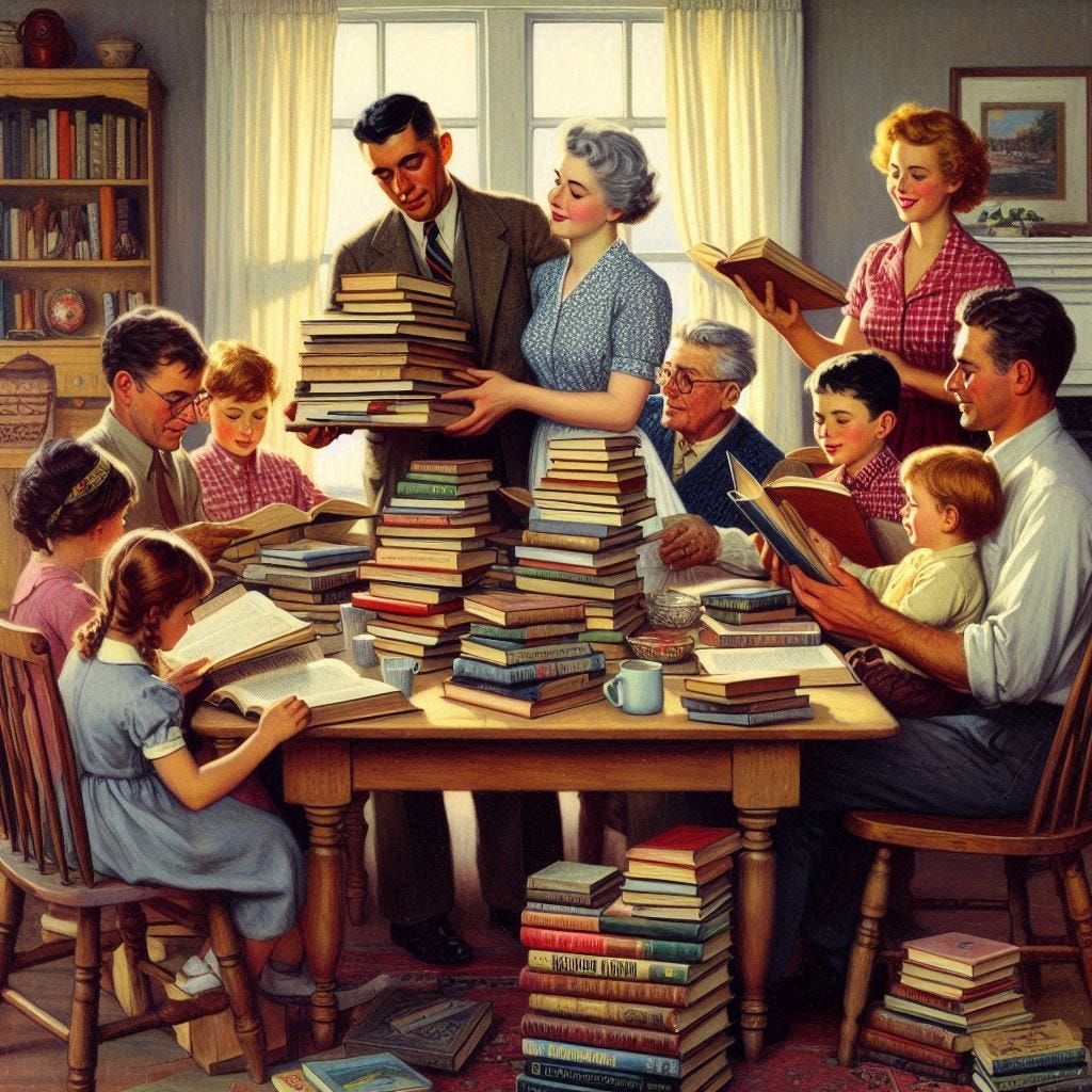 An extended family reading books while sitting around the dining room table, the table stacked with books, and a grandmotherly figure bringing more books, done in the style of a Norman Rockwell painting. 