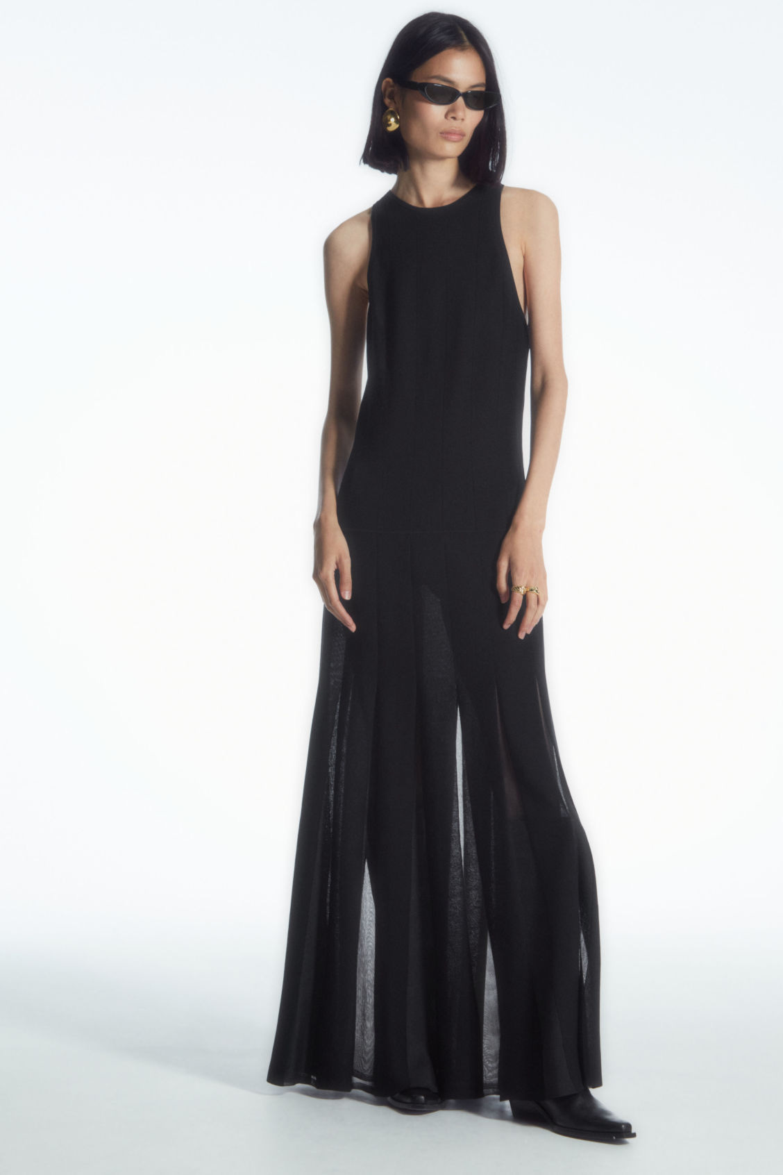 PLEATED RACER-NECK MAXI DRESS - BLACK - COS