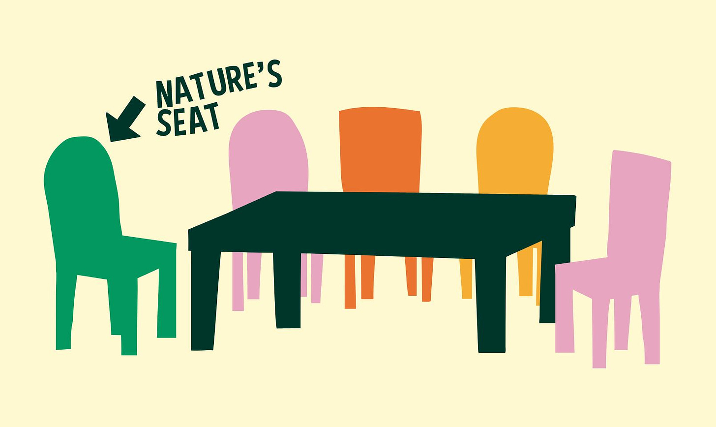Illustration showing chairs at a table with one marked for nature