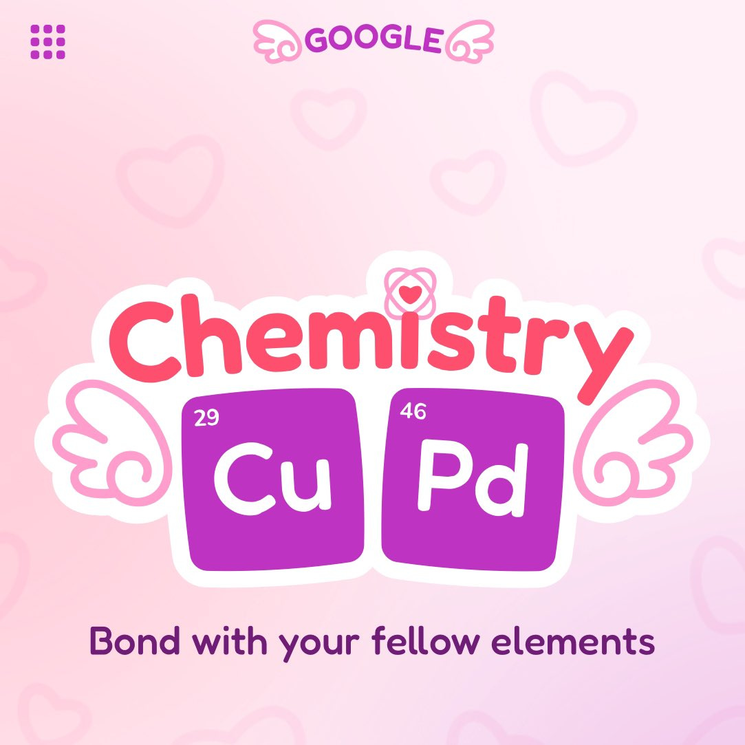 Title screen for the Google Doodle game, reading “Chemistry: bond with your fellow elements.” The chemical symbols for copper and palladium are show