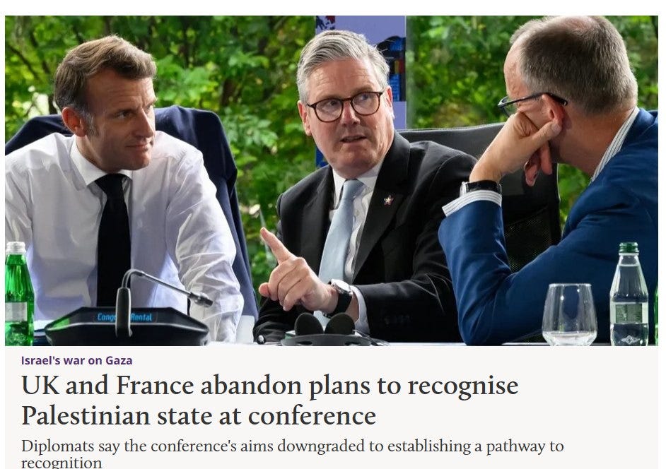 May be an image of 3 people and text that says 'Rental Israel's war on Gaza UK and France abandon plans to recognise Palestinian state at conference Diplomats say the conference's aims downgraded to establishing a pathway to recognition'