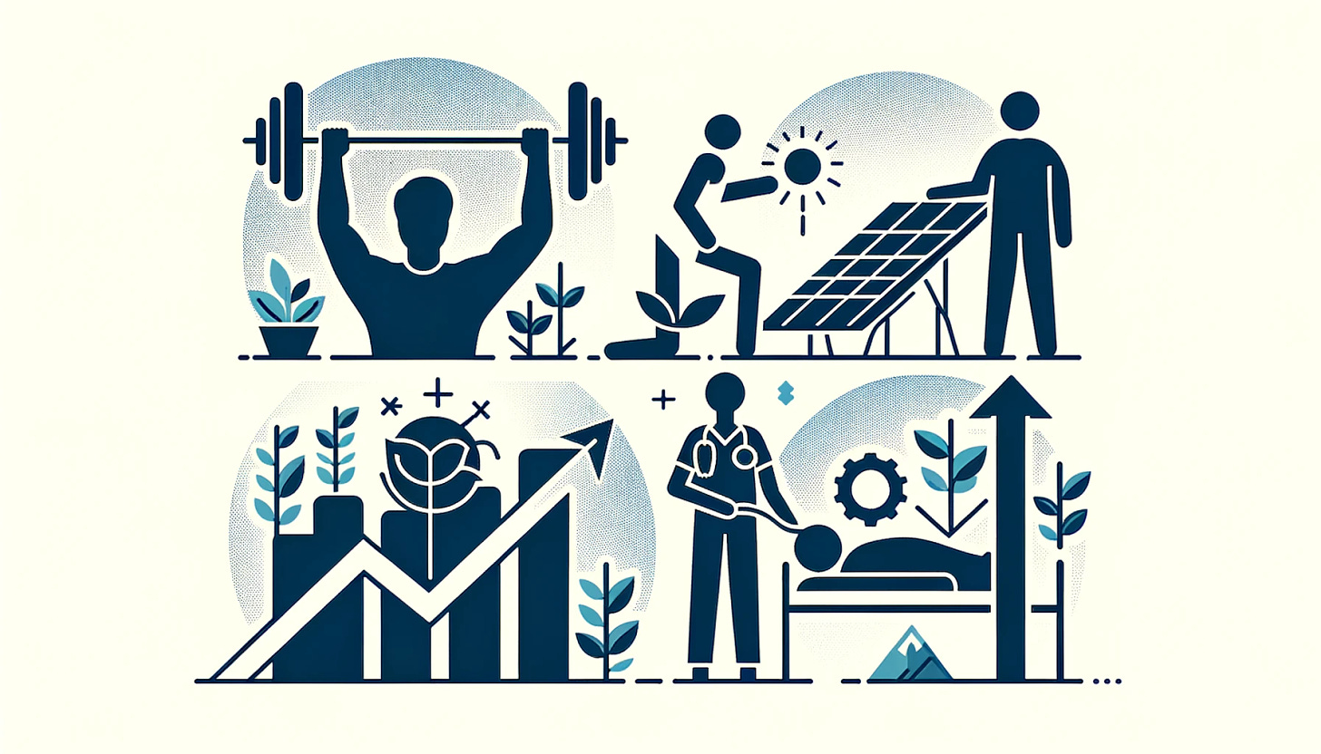 Create a simple and minimalist graphic including the following elements, limited to one each, arranged in a straightforward manner: an image of someone lifting weights, representing personal health; an image of a person installing a solar panel, symbolizing sustainable energy; an image of a healthcare worker taking care of a patient, representing the healthcare industry; and a simple upward trending graph, indicating business growth. The design should be minimalist, using basic shapes and a limited color palette, ensuring the graphic is straightforward, with each element clearly distinguishable and arranged neatly.