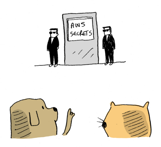 A dog and a cat standing in front of a door marked "AWS Secrets", with guards around the door.