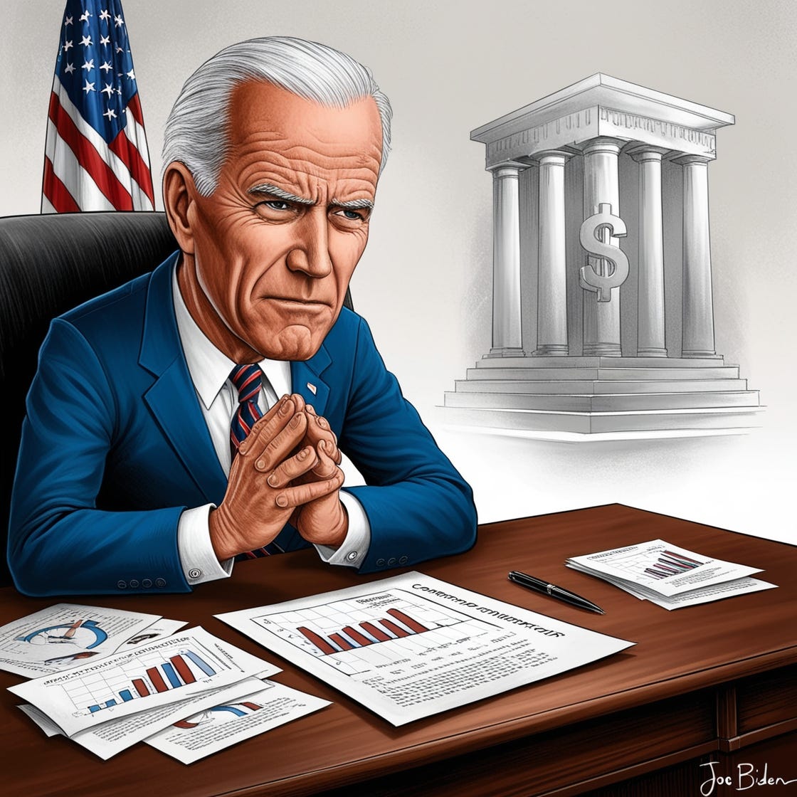 A poignant illustration of Joe Biden, depicted in a contemplative mood, seated at a wooden desk with a stern expression, his brow furrowed in concern, his eyes narrowing as he weighs the culpability of the Federal Reserve versus corporations for the rising inflation. His hands are clasped together, with his index fingers steepled, conveying a sense of deliberation. A few sheets of paper with economic data and graphs are scattered across the desk, with a pen lying adjacent to his right hand. Behind him, a subtle American flag draped on a pole, adding a touch of patriotism to the setting. Joe Biden's face, a picture of determination, with deep wrinkles etched on his forehead, his silver hair perfectly groomed, and a hint of a smile playing on his lips, as he finally points an accusatory finger towards a large, abstract representation of corporations in the background, with a faint dollar sign embossed on it, symbolizing his ultimate decision to blame businesses for the economic woes.