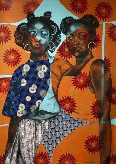 two beautiful African women looking at us. The picture has tons of colours - orange circles within which you can find red flowers. There are also sections in blue - different shades of blue, seemingly differnt materials and different minor details.