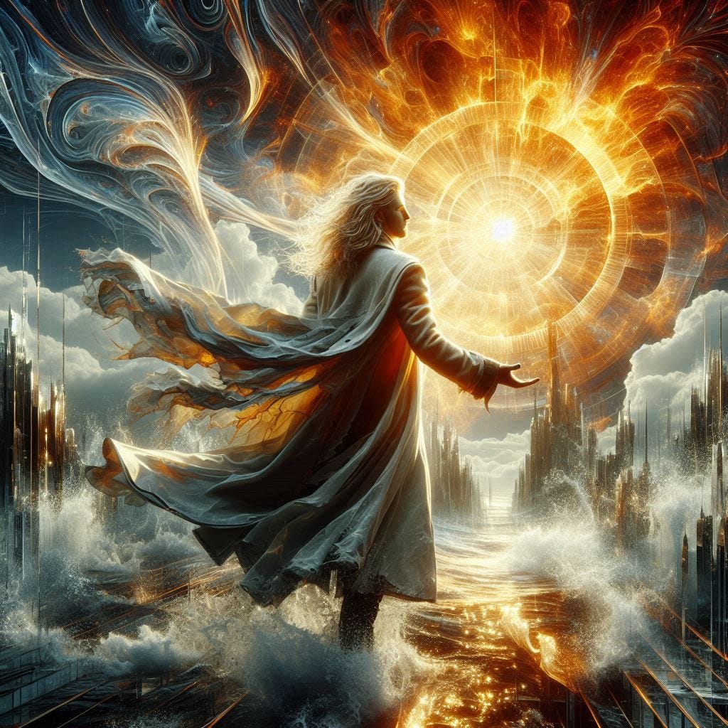 resin solar flares inside glass structure; tiltshift /Broken into fragments/ pieces/ 3d angled glass embedded /beautiful, heroic, strong handsom man/ velvet blonde, cream, ivory long coat/ black leather boots. water in resin/ ; he is at Monks mound at Cahokia / amber cream,tsunami full of fire/ reverberating waves. black hole in floor/ water in resin verdigris/ In the style of Michael Parkes. black etching/ black linework/ daytime sky/fluffy clouds 