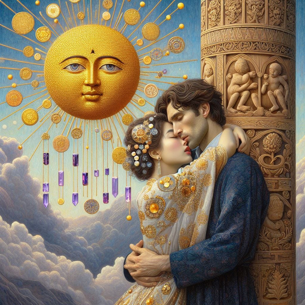   hyper realistic; gustav klimt style painting. man and woman embracing alongside Wooden column with carved floral ornament, Bukhara, Uzbekistan. woman had small golden coins in her hair. Man is serene and wears dark blues. Fluffy clouds in the sky with a mandala sun made of resin full of golden stars and light raining purple prisms of light on strings.