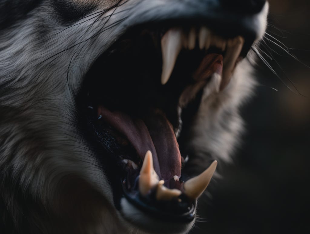 A wolf's open and snarling mouth, with long teeth bared