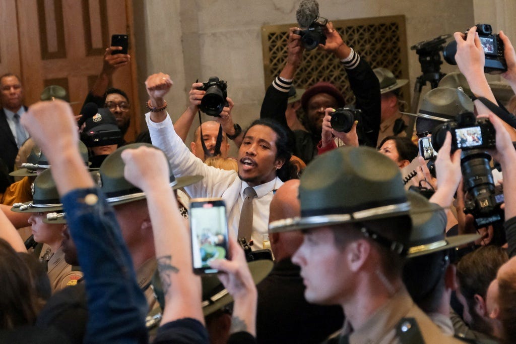 Justin Jones in the Tennessee state capitol's rotunda after being expelled.