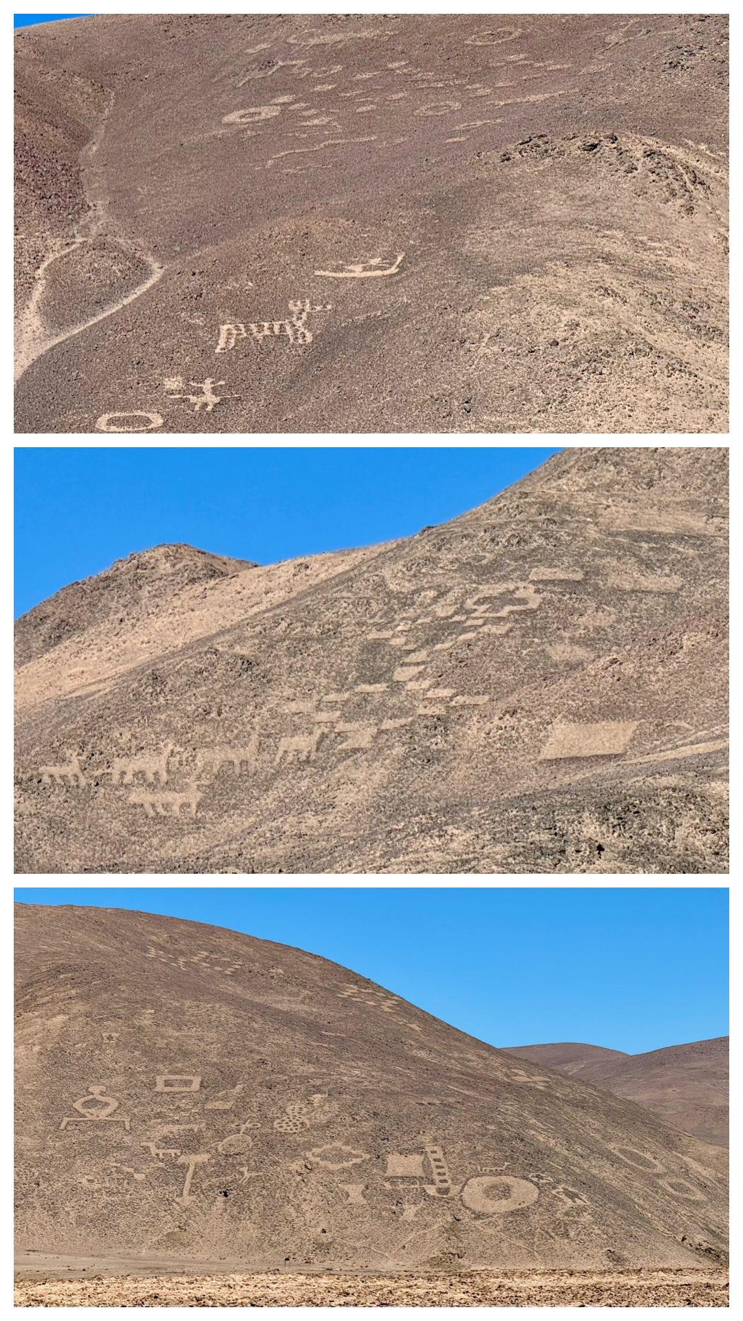 Geoglifos de Pintados en los que se ven la chakana, llamas, círculos y una figura remando en una barca. Foto propia.